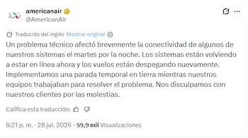 El comunicado de American Airlines publicado en X