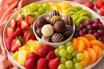 Una bandeja circular con fresas, uvas, kiwi, piña y mandarinas rodea un tazón lleno de bombones de chocolate variados.