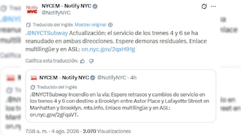 Dos publicaciones de Notify NYC sobre interrupciones y reanudación del servicio de trenes 4 y 6 del metro de Nueva York