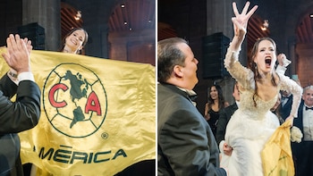 Novia desata locura al cantar el himno del América en pleno lanzamiento de ramo