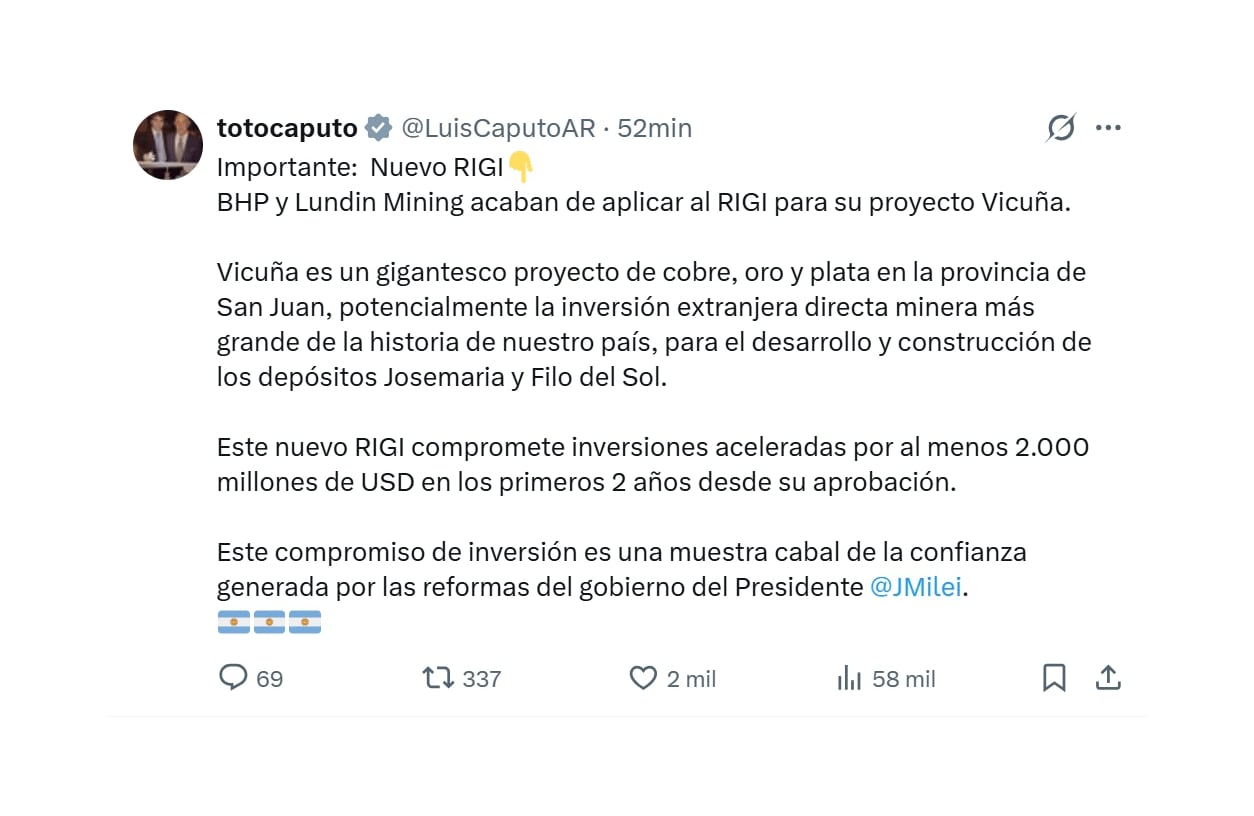 El tuit de Luis Caputo anunciando el pedido de las compañías mineras para ingresar al RIGI.