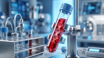 Un tubo de ensayo con líquido rojo y una hélice de ADN brillante en un soporte metálico dentro de un laboratorio.