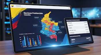 Laptop y tablet en mesa, mostrando software con mapa de Colombia de resultados electorales, gráficos y datos de participación presidencial. Fondo de centro de datos.