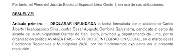 Texto impreso de un documento del Jurado Electoral Especial Lima Oeste 1 que resuelve declarar infundada una tacha electoral