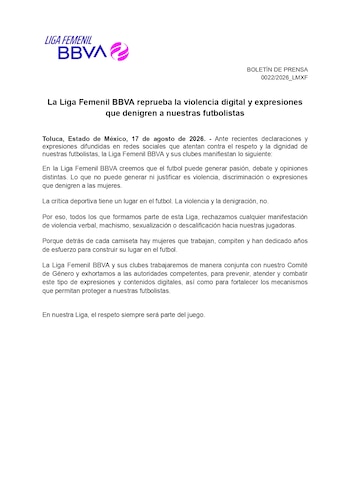 Logotipo de Liga Femenil BBVA y texto de un boletín de prensa que reprueba la violencia digital y expresiones denigrantes hacia futbolistas