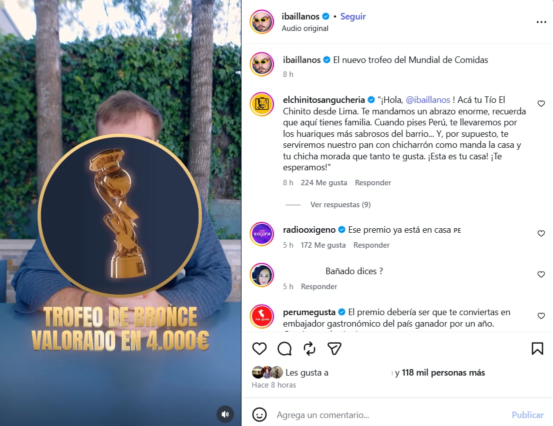 El creador de contenido Ibai Llanos presenta el nuevo trofeo de bronce del Mundial de Comidas, valorado en cuatro mil euros, a través de una publicación en redes sociales.