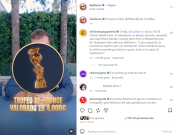 Captura de pantalla de una publicación de Instagram con la imagen de un trofeo dorado y la frase trofeo de bronce valorado en cuatro mil euros