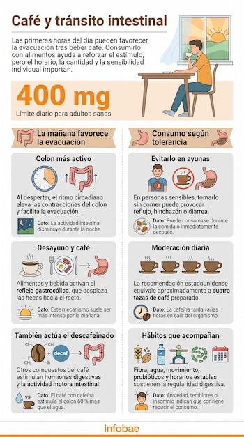 Infografía sobre café y digestión con ilustraciones del sistema digestivo, tazas de café, un reloj y un hombre frente a una ventana.