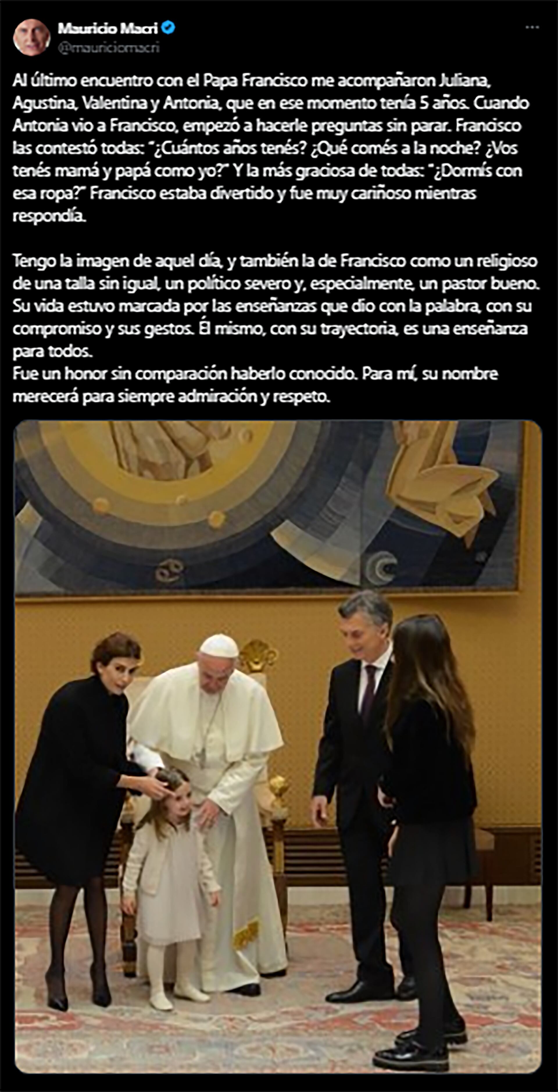 El adiós de Mauricio Macri al papa Francisco.