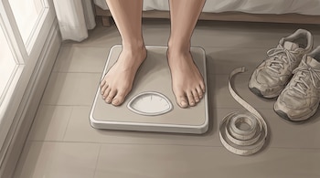 Pies descalzos sobre una báscula junto a una cinta métrica enrollada y un par de zapatillas deportivas sobre un suelo de madera.