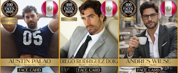 Tres retratos de hombres. Logotipos con texto 'The 100 Most Handsome Faces 2026'. Banderas de Perú. Textos con nombres y número de nominación