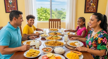 Un hombre, una mujer, un niño y una niña sentados a una mesa de madera con varios platos de arroz, tajadas de plátano, fruta y vasos con bebida. Ventana al fondo.