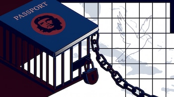 Ilustración de un pasaporte azul sobre una jaula con candado y cadena, junto a una cuadrícula con el dibujo de un ave y un mapa.