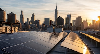 Painéis solares em telhados urbanos com horizonte de Nova York e arranha-céus ao fundo, sob o céu laranja e azul do pôr do sol.