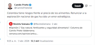 El investigador Camilo Prieto aseguró que los precios de los alimentos en Colombia están en riesgo debido al abandono de la exploración de gas natural - crédito @CamiloPrietoVal/X
