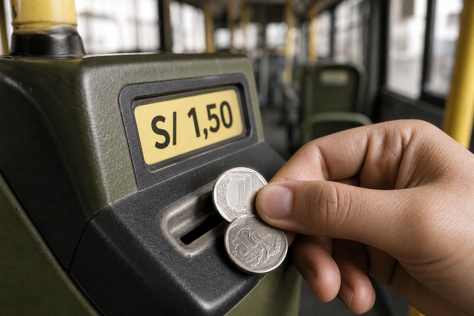 Una persona deposita monedas de un sol y cincuenta céntimos en la máquina cobradora de un autobús urbano que indica un pasaje de 1,50 soles. (Imagen Ilustrativa Infobae)