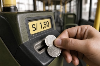 Una mano acerca dos monedas a la ranura de cobro de un autobús junto a un letrero amarillo con la cifra S/ 1,50.