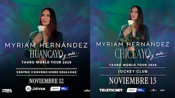 Dos afiches promocionales verticales de Myriam Hernández con su imagen, rosa blanca, nombres de ciudades, fechas, tour 2026 y logos de patrocinadores