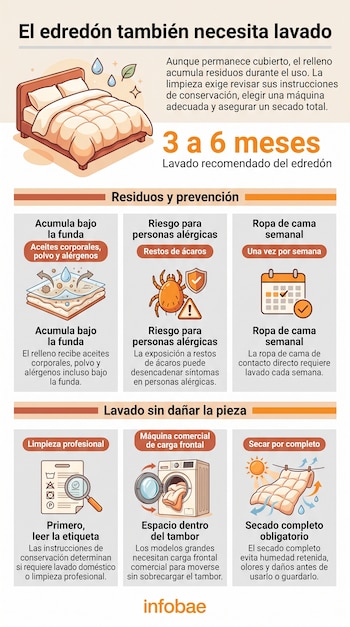 Infografía sobre el lavado de edredones con ilustraciones de una cama, ácaros, un calendario, una etiqueta, una lavadora y ropa secándose.