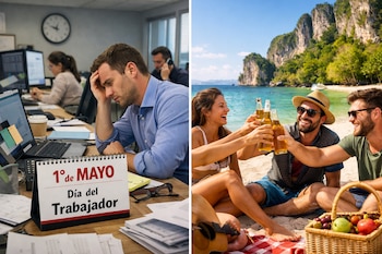 Una imagen dividida muestra a un hombre estresado trabajando en una oficina y a tres amigos sonriendo y brindando con cervezas en una playa tropical de arena blanca.