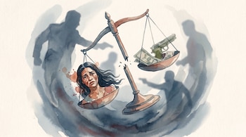 Ilustración acuarela de una balanza de justicia rota; un platillo contiene el rostro herido de una mujer, el otro, billetes y una pistola. Siluetas masculinas amenazantes al fondo.