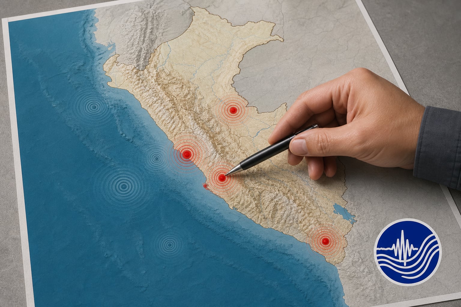 Un mapa sísmico del Instituto Geofísico del Perú indica los epicentros de sismos recientes en Lima, Ucayali, Callao y Moquegua señalados por un bolígrafo. (Imagen Ilustrativa Infobae)