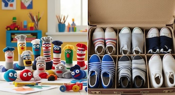 Fotografía dividida que muestra en el lado izquierdo muñecos de calcetines en un espacio infantil y a la derecha, zapatos con medias en una maleta.