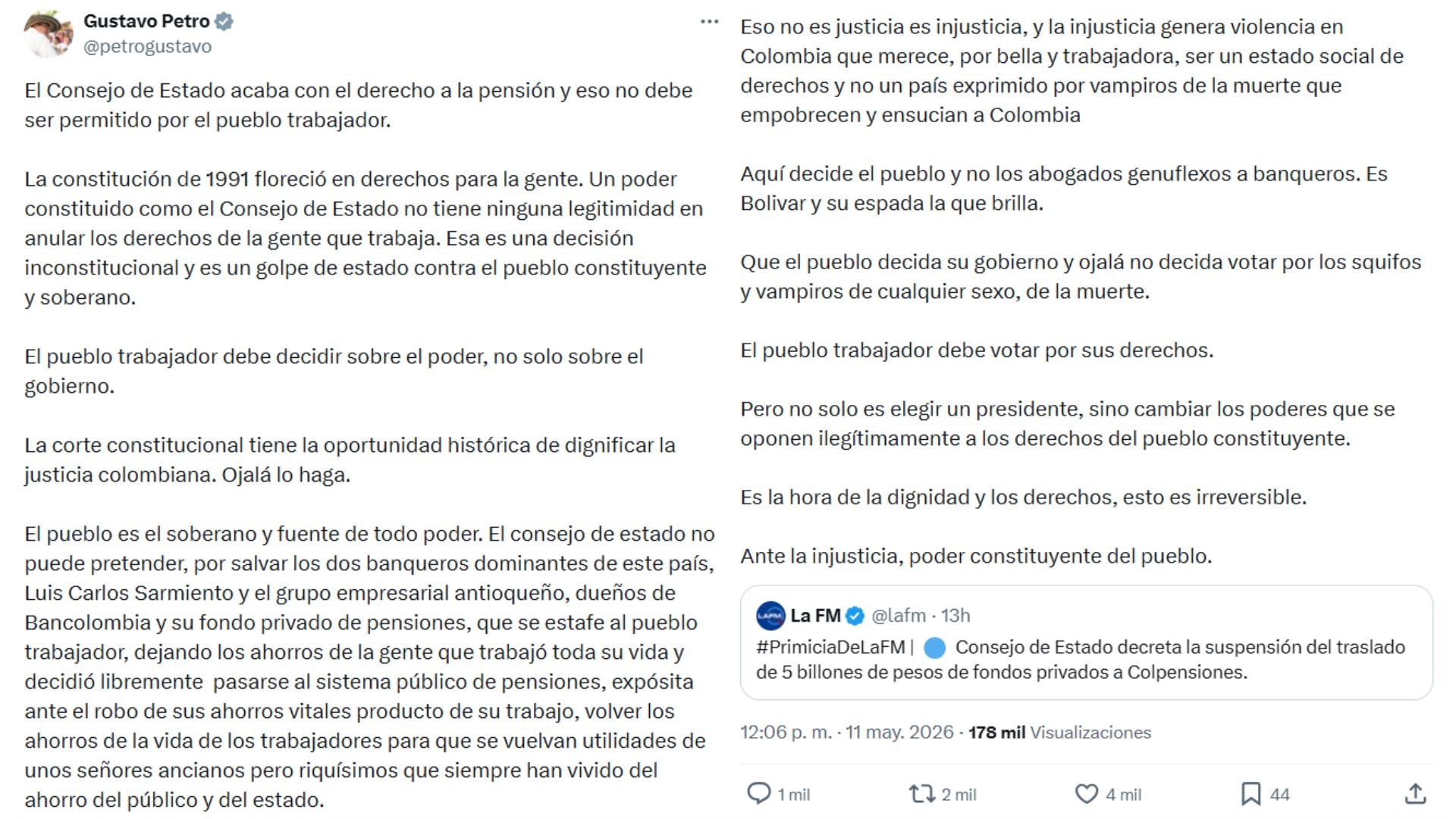 Petro calificó una decisión del Consejo de Estado como un “golpe de Estado contra el pueblo constituyente”. - crédito @petrogustavo/X