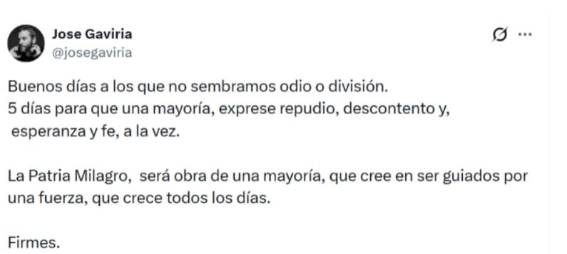 José Gaviria llamó a rechazar la división en redes sociales y animó a la ciudadanía a votar en la segunda vuelta presidencial del 21 de junio - crédito @josegaviria/ X