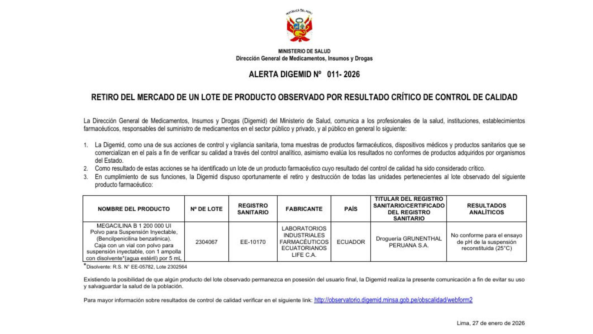 Megacilina B 1 200 000 UI, polvo para suspensión inyectable, lote N.° 2304067.