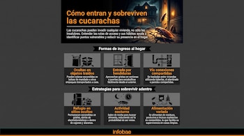 Infografía con una casa, varias cucarachas, y textos explicativos sobre cómo entran y sobreviven. Contiene iconos de objetos, ventanas, tuberías, cocina y alimentos.