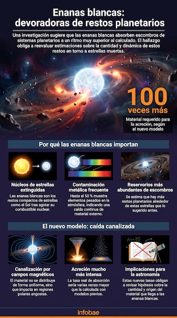 Infografía con una enana blanca rodeada de escombros, diagramas estelares, espectro, caída de material, fórmulas matemáticas, texto y logo de Infobae.