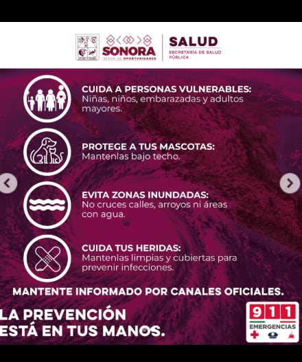 La Secretaría de Salud de Sonora recomienda resguardar los medicamentos de la humedad y evitar el consumo de agua no segura. |Crédito: Secretaría de Salud Sonora