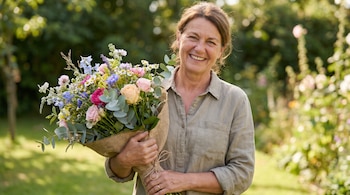 Una mujer de mediana edad sonríe, llevando una camisa color oliva, y sostiene un gran ramo de flores variadas envuelto en arpillera en un jardín.