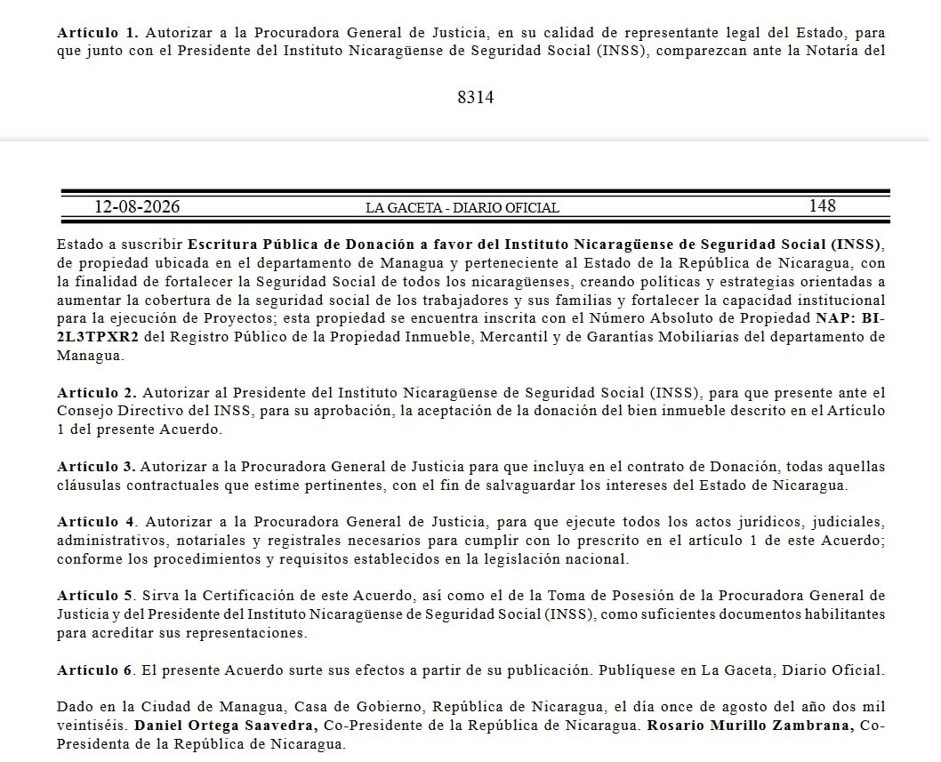 En Managua, la transferencia al INSS incluye un inmueble inscrito con el número absoluto de propiedad BI-2L3TPXR2. (Captura de La Gaceta Nicaragua)