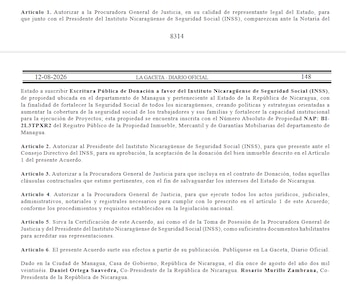 En Managua, la transferencia al INSS incluye un inmueble inscrito con el número absoluto de propiedad BI-2L3TPXR2. (Captura de La Gaceta Nicaragua)