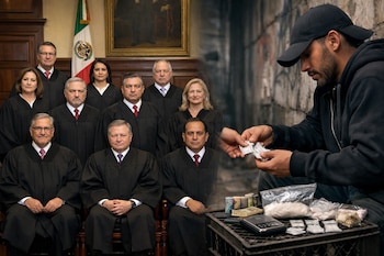 Imagen compuesta. A la izquierda, el pleno de la SCJN. A la derecha, un hombre de gorra intercambia drogas y dinero, con más paquetes sobre una mesa.