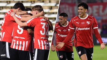 Fotos separadas mostram jogadores do Estudiantes com camisas vermelhas e brancas comemorando apertando as mãos e dois jogadores do Independiente com camisas vermelhas, um deles sorrindo