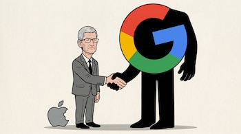 Una caricatura muestra a Tim Cook, CEO de Apple, con expresión seria, dándole la mano a una figura grande con el logo de Google Gemini por cabeza. Un logo de Apple en gris está a sus pies.