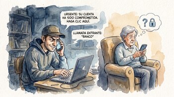 Un hombre con gorra y sudadera habla por teléfono y teclea en un portátil. Un hombre mayor mira su teléfono. Burbujas de texto con estafa y llamada de banco falsa.