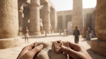 Dos manos sostienen un amuleto sobre una tela en primer plano; al fondo, columnas, templos y personas en un patio de Egipto antiguo, con desenfoque.
