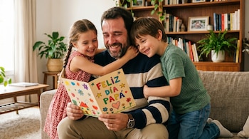 Un hombre barbudo sonriente en un sofá, leyendo una tarjeta de "Feliz Día Papá" hecha a mano, mientras un niño y una niña lo abrazan.