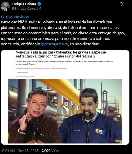 Enrique Gómez señaló preocupaciones sobre la pérdida de relaciones internacionales confiables y criticó el acercamiento con el régimen de Maduro - crédito @Enrique_GomezM