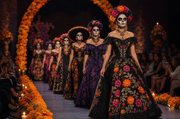 Modelos con vestidos bordados y rostros pintados de calavera caminan sobre una pasarela bordeada por flores anaranjadas y público a los lados.