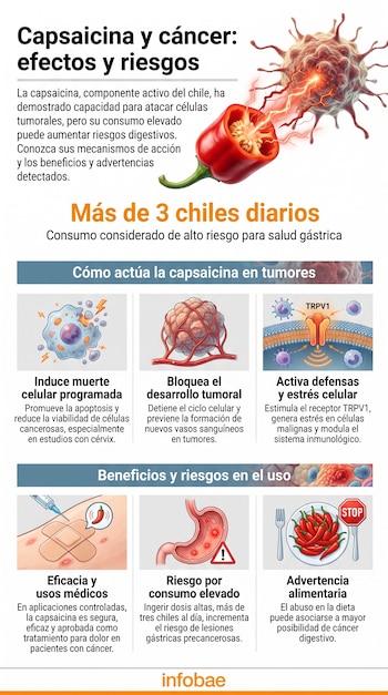 Infografía sobre capsaicina y cáncer que muestra un chile rojo conectado a una célula tumoral, con ilustraciones sobre mecanismos celulares, beneficios y riesgos.