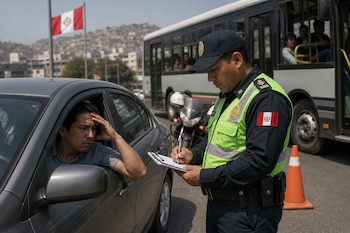 Un policía escribe en un portapapeles junto a un automóvil gris con un conductor, cerca de un autobús y la bandera de Perú.