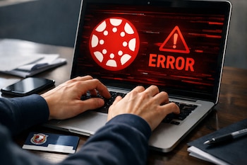Primer plano de manos tecleando en una laptop que muestra una pantalla roja de error digital y el logo de Canvas. Sobre el escritorio, una tarjeta universitaria azul y un smartphone.