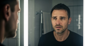 Hombre con cabello oscuro y barba corta mirando su reflejo en un espejo de baño con luces verticales a los lados y azulejos blancos.