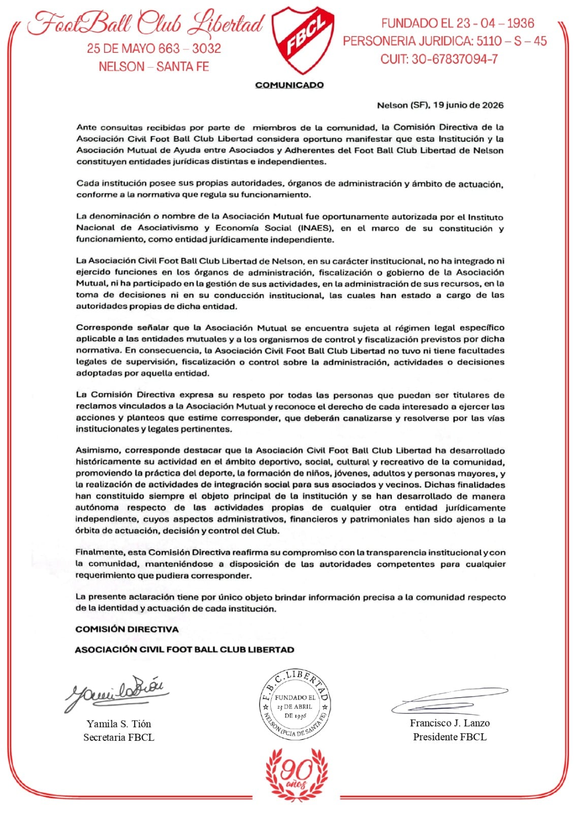 El club emitió un comunicado aclarando que la Asociación Mutual es un ente independiente del cual la institución no tiene vinculación alguna (Foot-Ball Club Libertad)