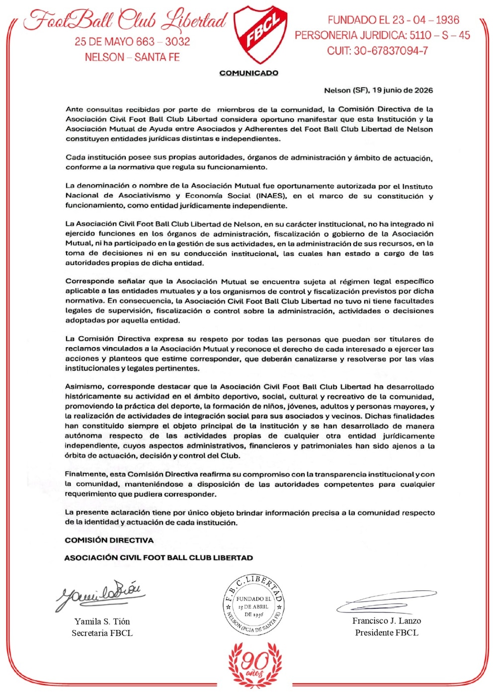 El club emitió un comunicado aclarando que la Asociación Mutual es un ente independiente del cual la institución no tiene vinculación alguna